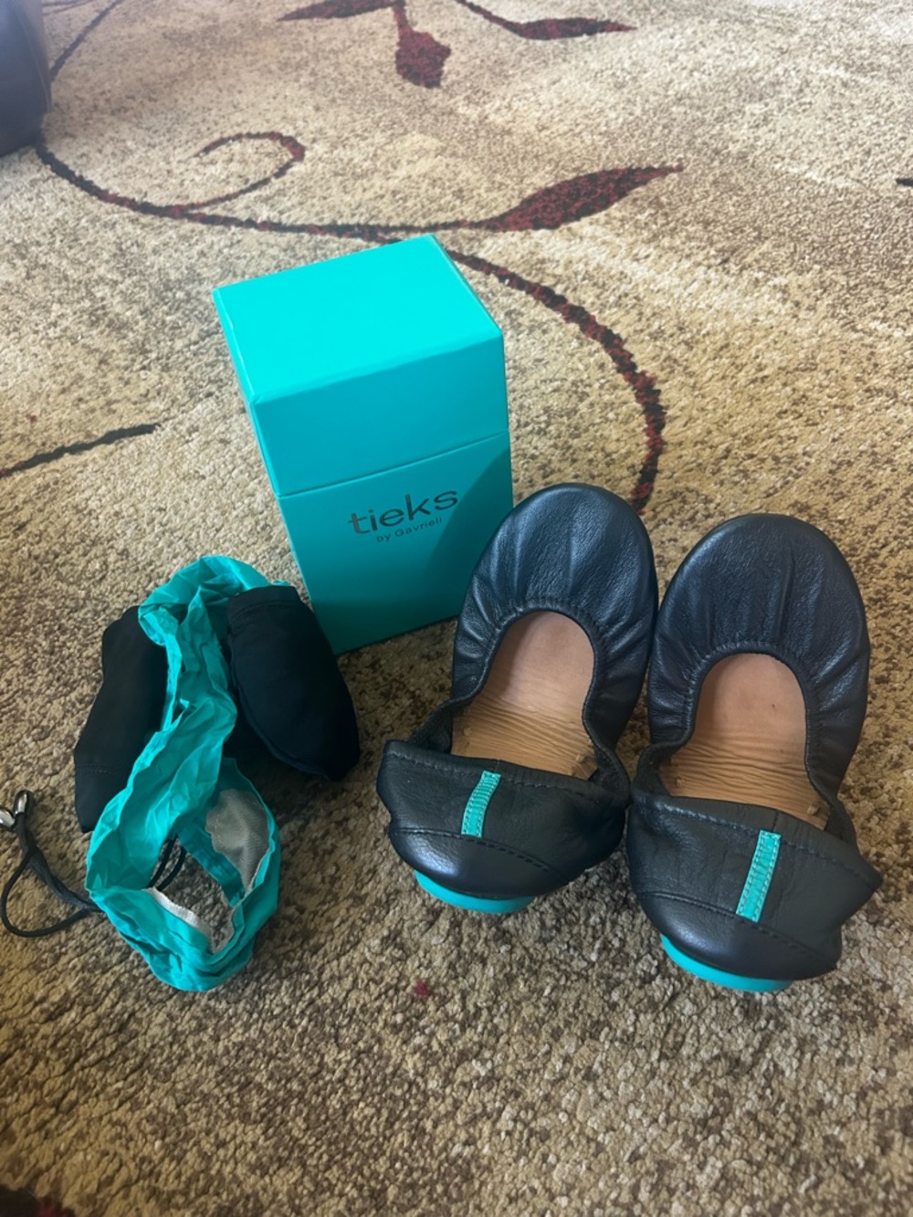 Tieks Matte Black Leather Ballet Flats with Teal Soles